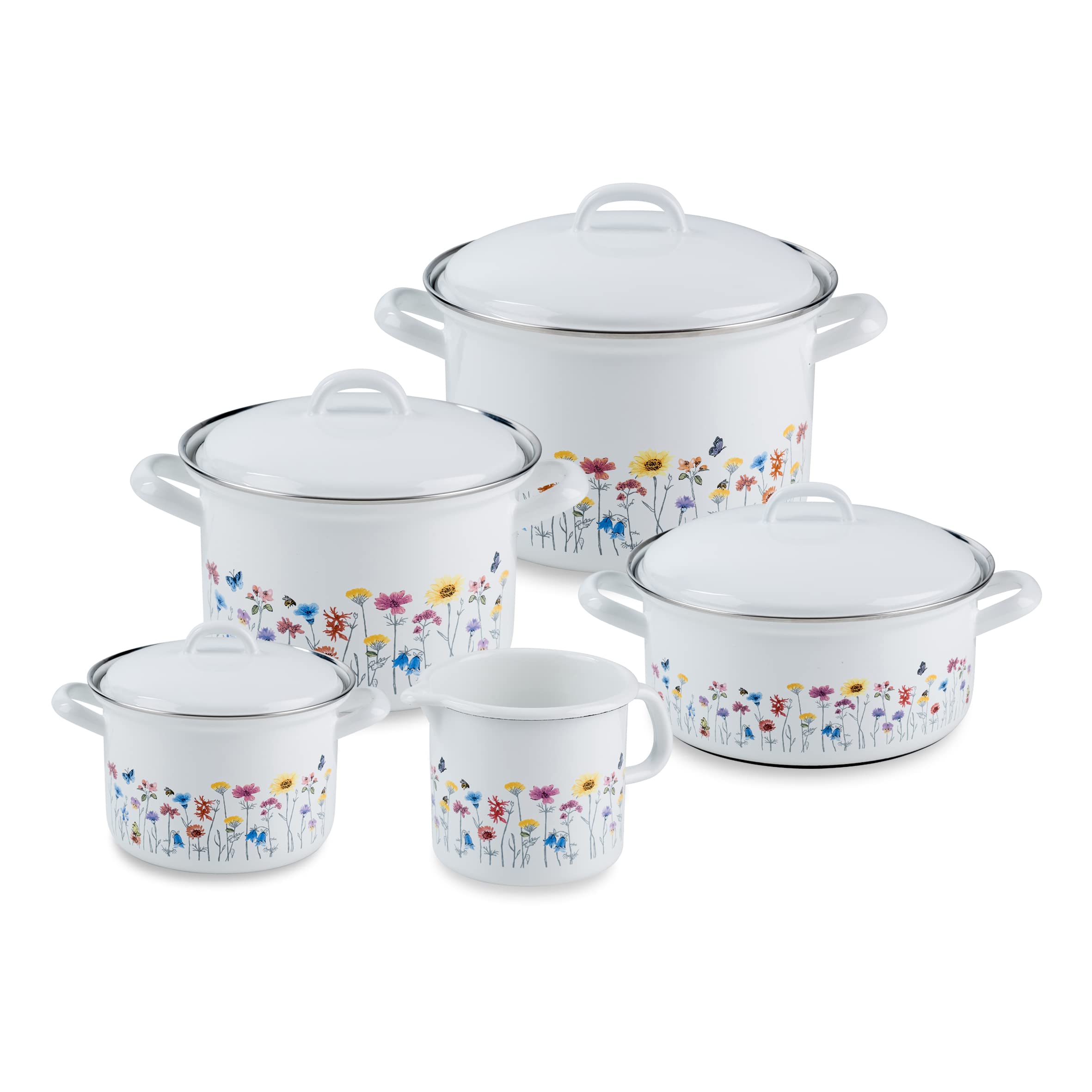 riess-flora-5-teiliges-emaille-topfset-12-24-cm-wei-mit-blumenmuster image 1