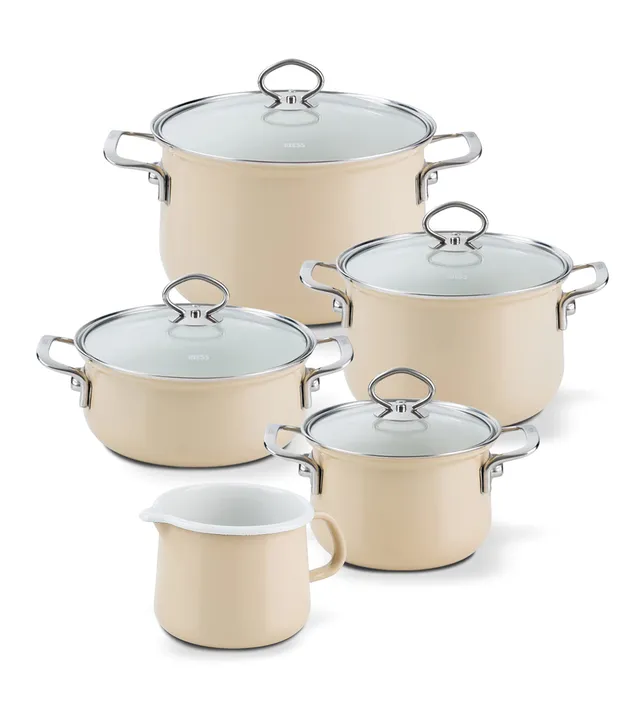 riess-nouvelle-cappuccino-sparset-5-teilig-emaille-mit-glasdeckel-16-20-24-cm image 1