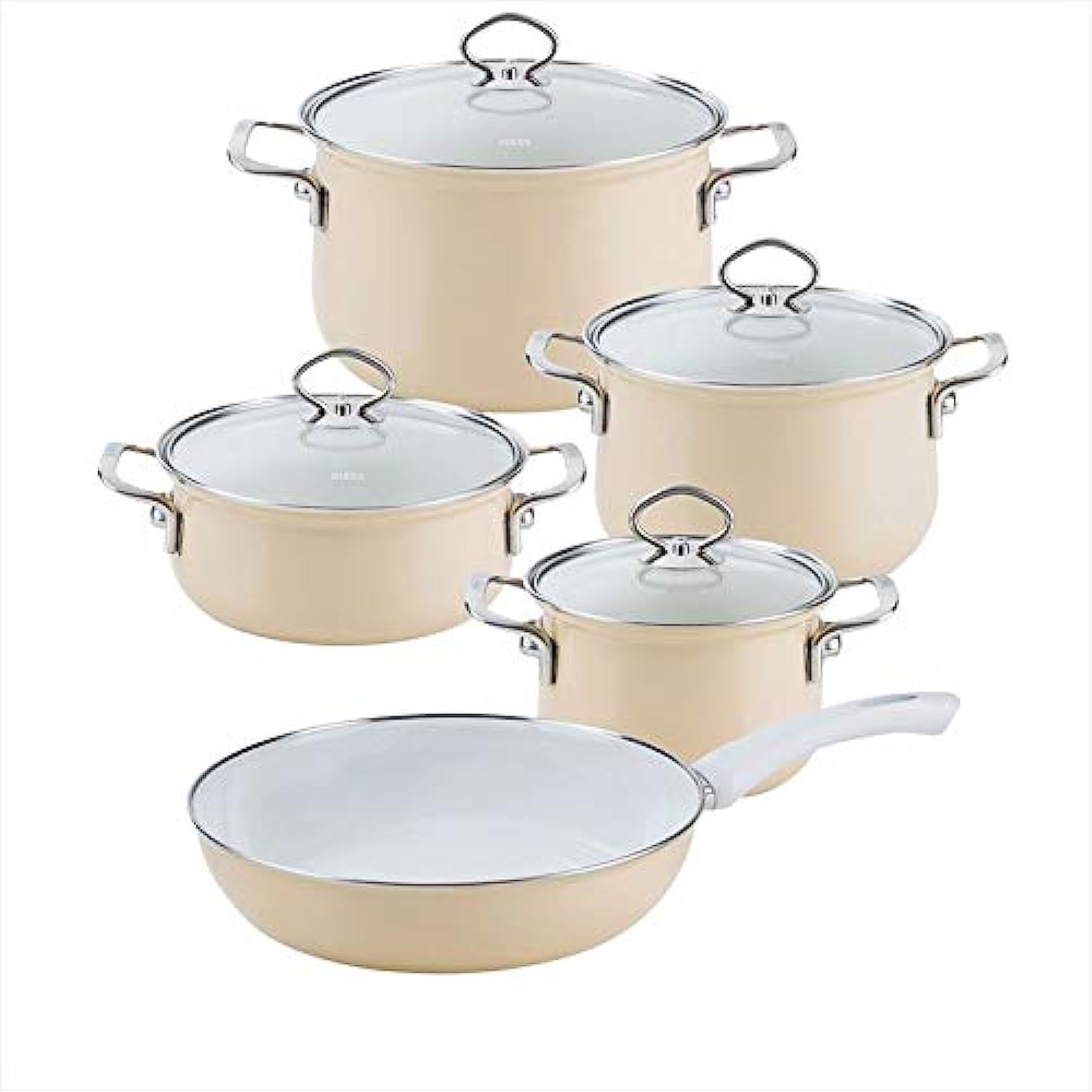 riess-nouvelle-kochset-5-teilig-emaille-cappuccino-16-24-cm-mit-glasdeckel image 1