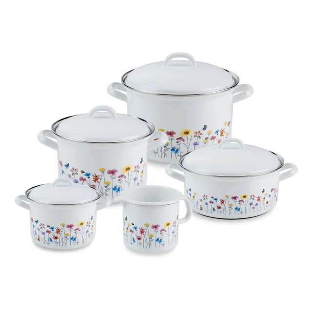 riess-flora-5-teiliges-emaille-topfset-12-24-cm-wei-mit-blumenmuster image 1
