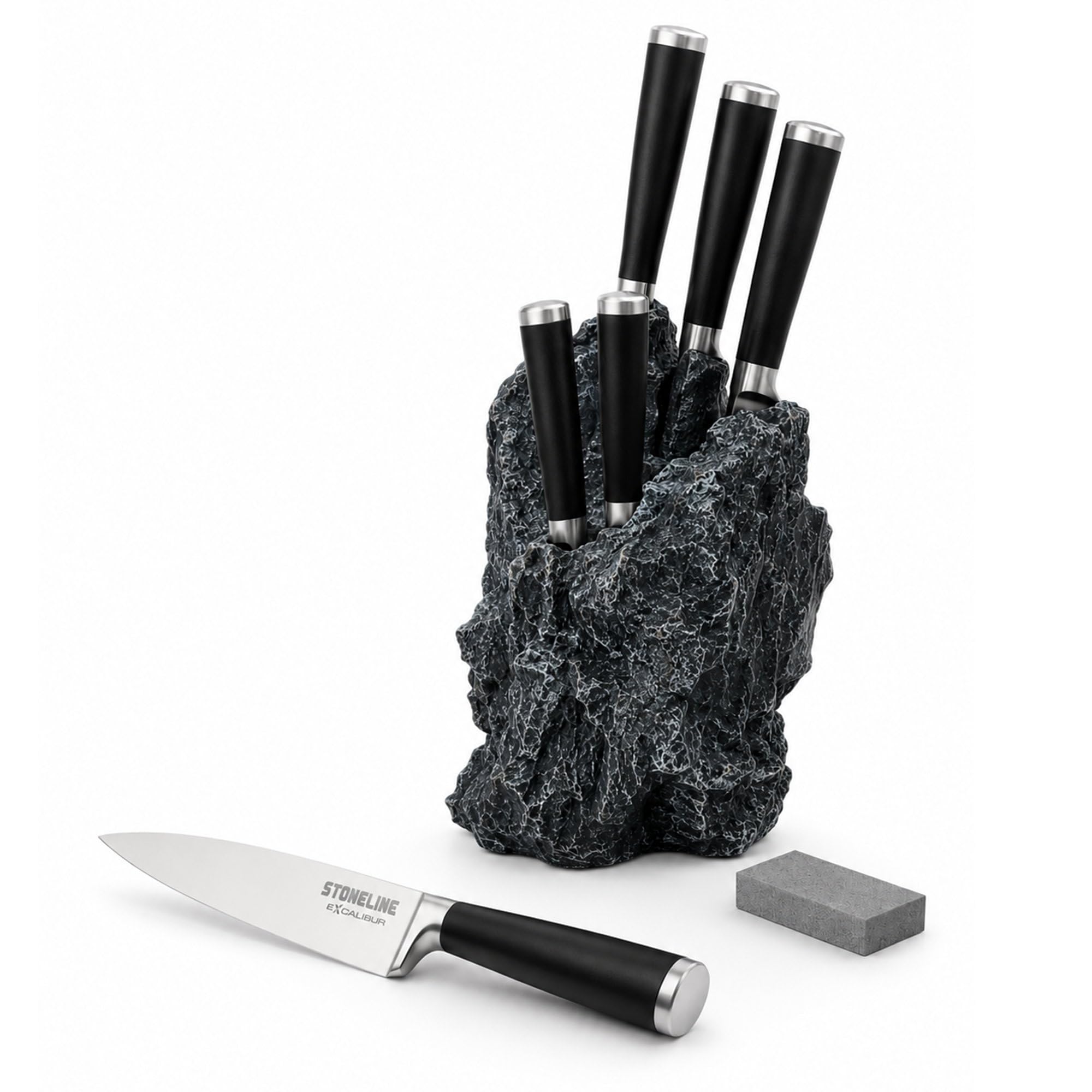 stoneline-excalibur-messerblock-felsform-mit-5-edelstahl-messern-schleifstein image 1