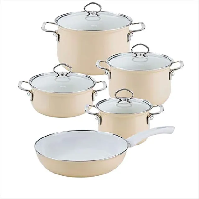 riess-nouvelle-kochset-5-teilig-emaille-cappuccino-16-24-cm-mit-glasdeckel image 1